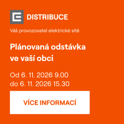 ČEZ Distribuce: plánovaná odstávka ve vaší obci, pátek 6. 11. 2026, 9:00–15:30. Více informací na webu ČEZ Distribuce.