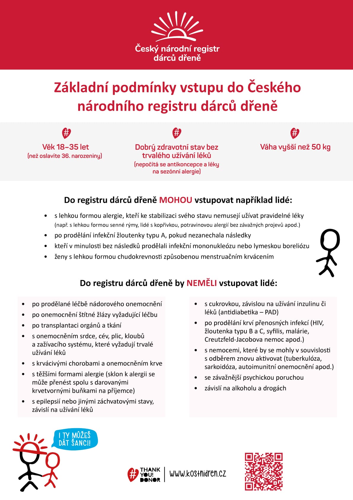 Leták Českého národního registru dárců dřeně: podmínky vstupu – věk 18–35 let, dobré zdraví, váha nad 50 kg