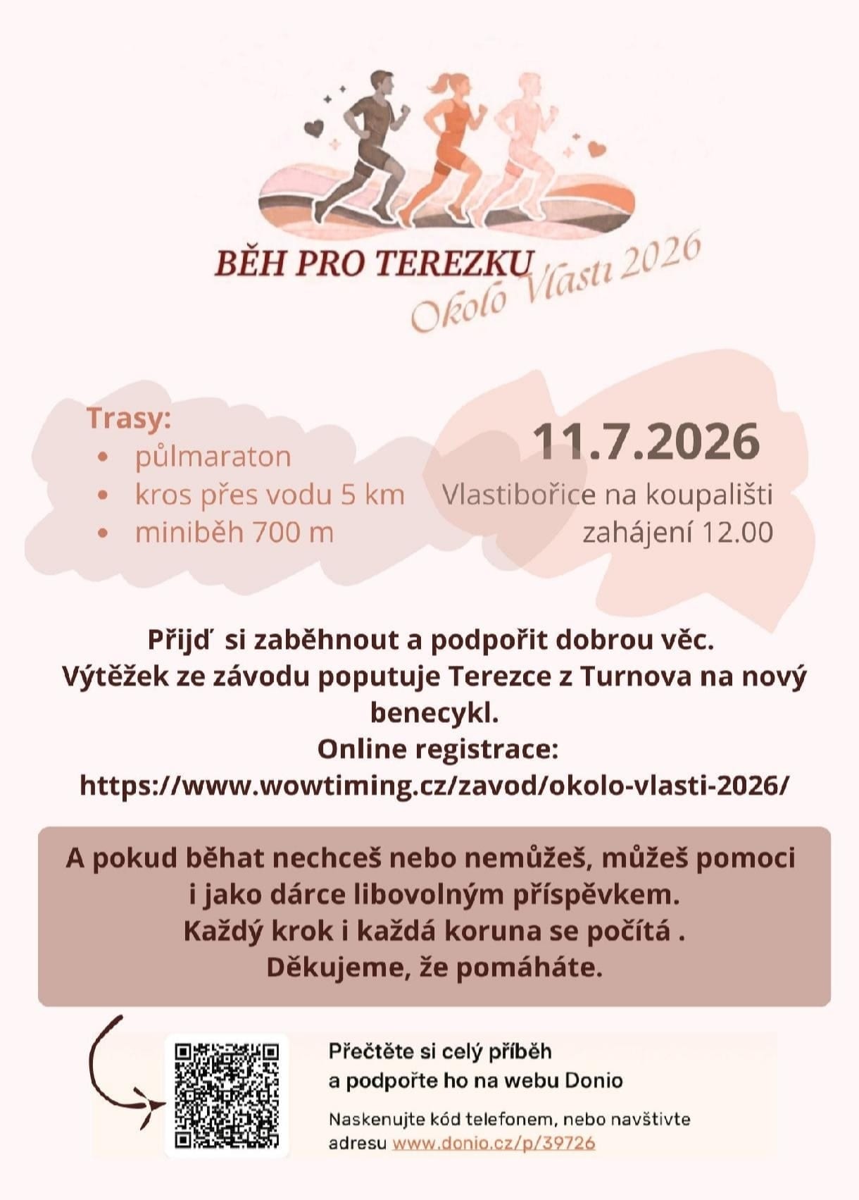 Plakát Běh pro Terezku – Okolo Vlasti 2026: 11. 7. 2026 od 12:00 na koupališti ve Vlastibořicích; půlmaraton, kros 5 km, miniběh