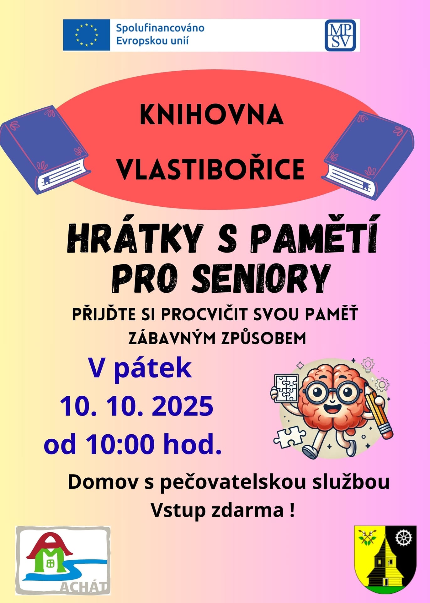 Plakát: Hrátky s pamětí pro seniory, pátek 10. 10. 2025 od 10:00, Domov s pečovatelskou službou, vstup zdarma