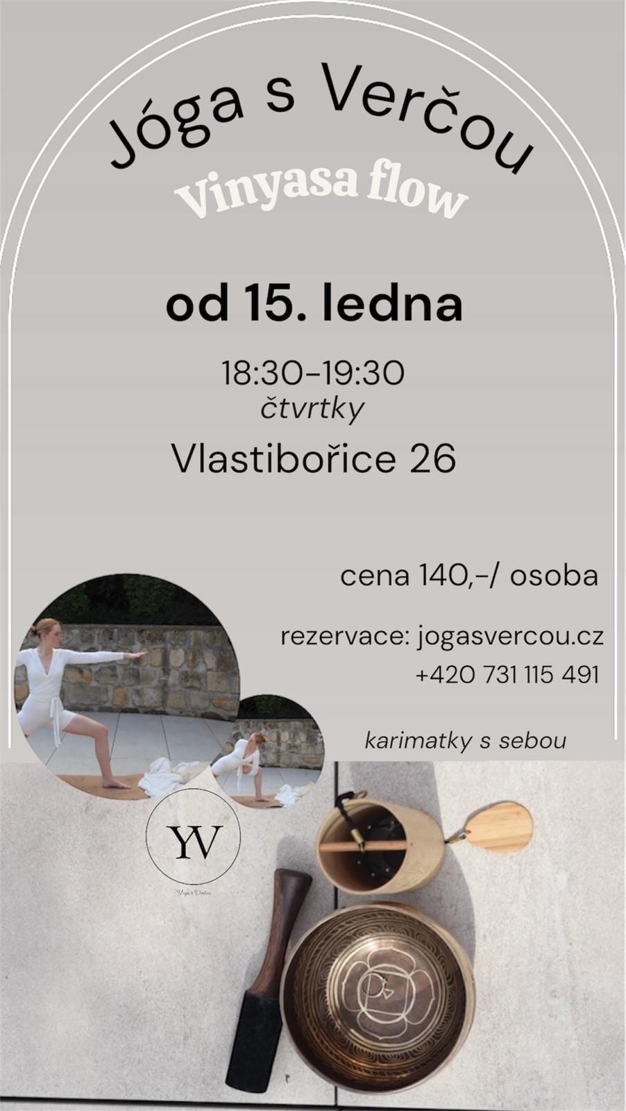Plakát: Jóga s Verčou – vinyasa flow, od 15. ledna každý čtvrtek 18:30–19:30, Vlastibořice 26, 140 Kč za osobu