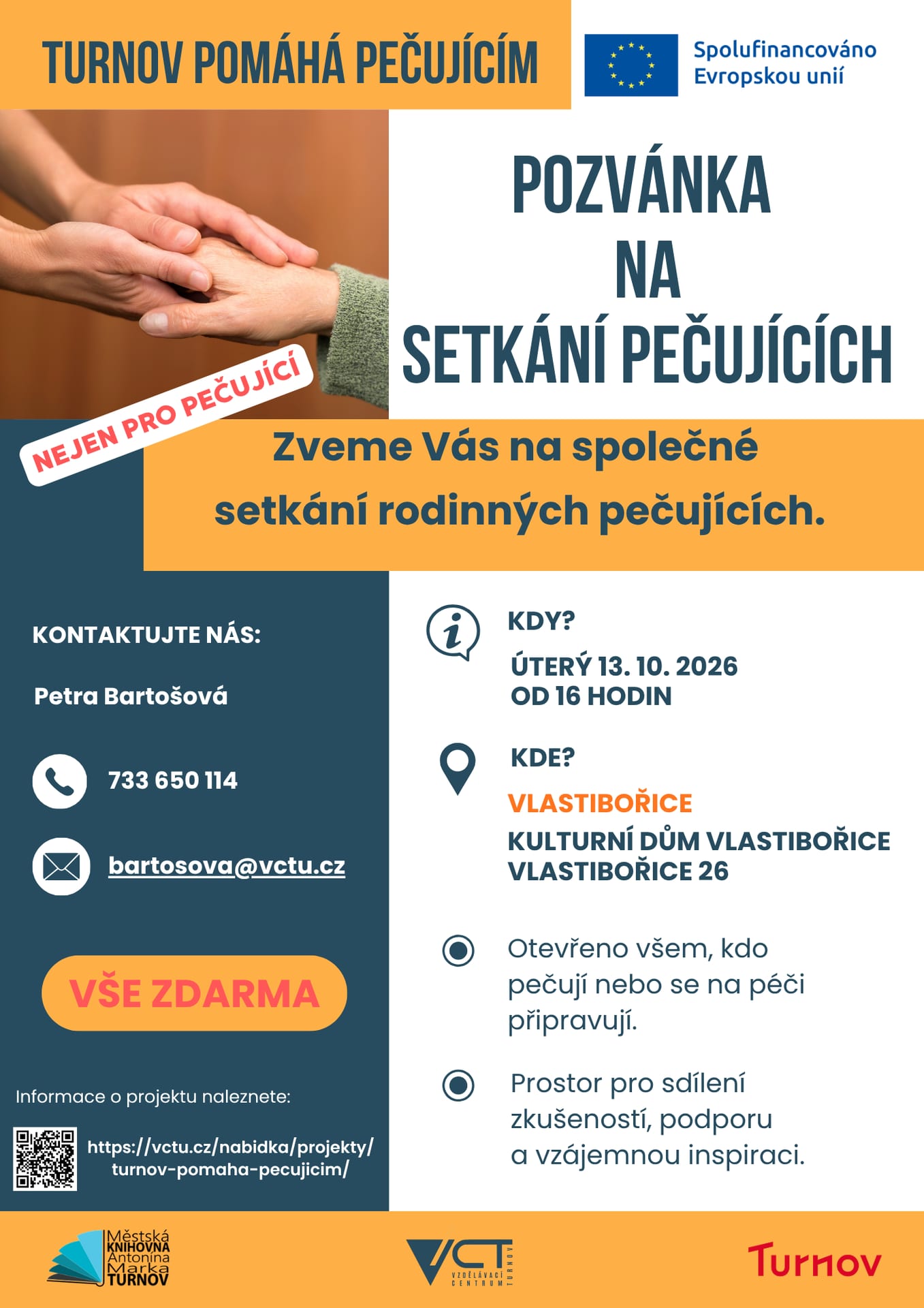 Pozvánka Turnov pomáhá pečujícím: setkání rodinných pečujících, úterý 13. 10. 2026 od 16:00, KD Vlastibořice, zdarma