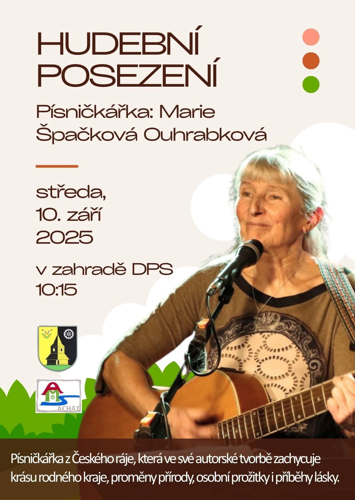 Plakát: hudební posezení s písničkářkou Marií Špačkovou Ouhrabkovou, středa 10. 9. 2025 v 10:15 v zahradě DPS