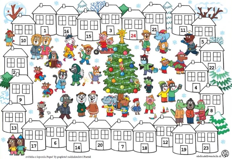 Ilustrace adventní hry: domečky s okny očíslovanými 1 až 24 kolem vánočního stromu a kreslených zvířátek