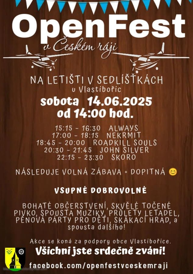 Plakát: OpenFest v Českém ráji na letišti v Sedlíšťkách, sobota 14. 6. 2025 od 14:00, pět kapel, vstupné dobrovolné