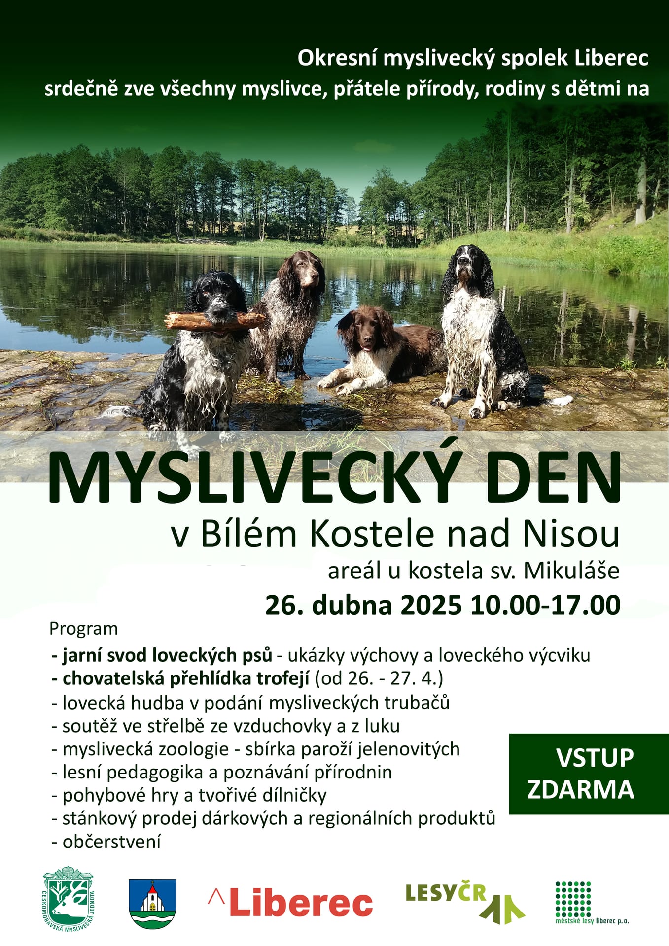 Plakát: Myslivecký den v Bílém Kostele nad Nisou u kostela sv. Mikuláše, 26. 4. 2025 10–17 h, vstup zdarma