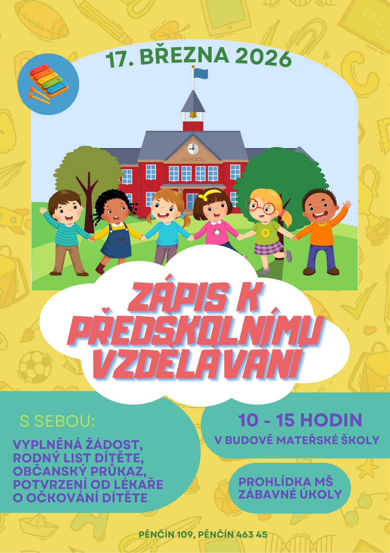 Plakát: zápis k předškolnímu vzdělávání, 17. 3. 2026 10–15 h v MŠ Pěnčín 109; vzít žádost, rodný list, OP a potvrzení o očkování