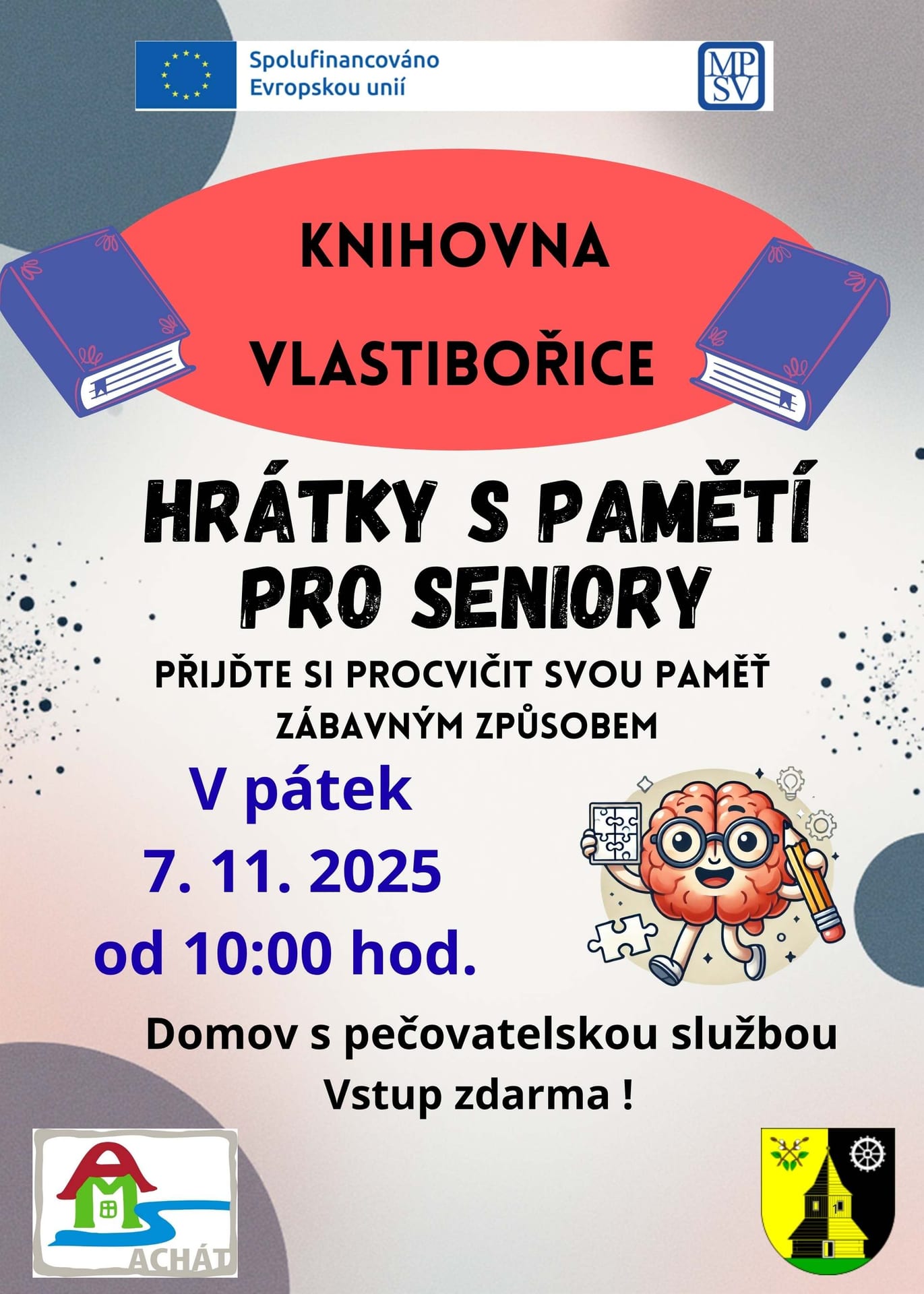 Plakát: Hrátky s pamětí pro seniory, pátek 7. 11. 2025 od 10:00, Domov s pečovatelskou službou, vstup zdarma